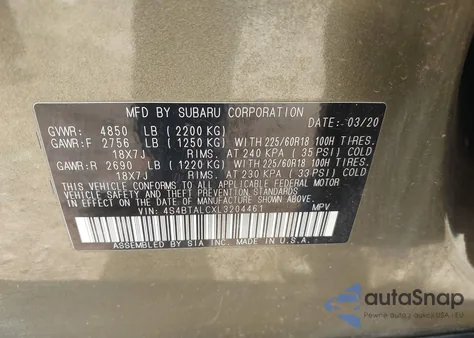 2020 Subaru Outback Limited из США, поврежденный, VIN 4S4BTALCXL3204461